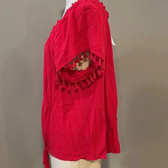 Dress barn tie front tassel sleeve blouse in red - Picture 5 of 8
